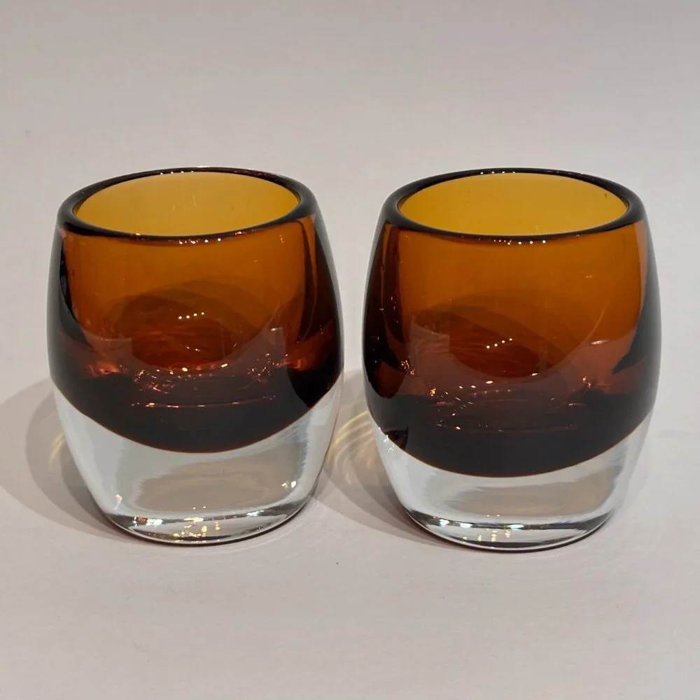 Set of 2 Crate and Barrel Topaz Amber Glass Diva Votive Candle Holders 3.5”